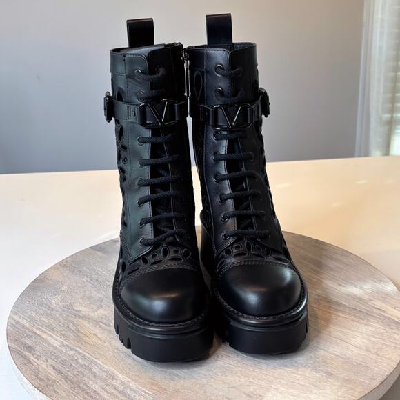 Valentino Garavani Atelier San Gallo Black Leather Combat Boots EU Size 35 US 5 - Picture 5 of 16